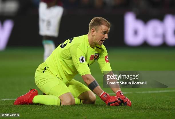 Joe Hart of West Ham United looks on during the Premier League match between West Ham United and Liverpool at London Stadium on November 4, 2017 in...