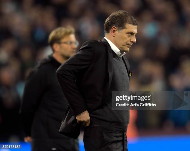 Slaven Bilic of West Ham United watches on during the Premier League match between West Ham United and Liverpool at London Stadium on November 4,...