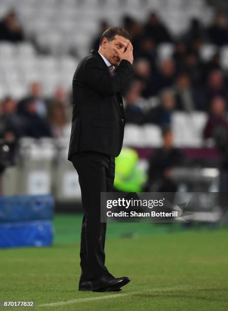 Slaven Bilic, Manager of West Ham United looks dejected during the Premier League match between West Ham United and Liverpool at London Stadium on...