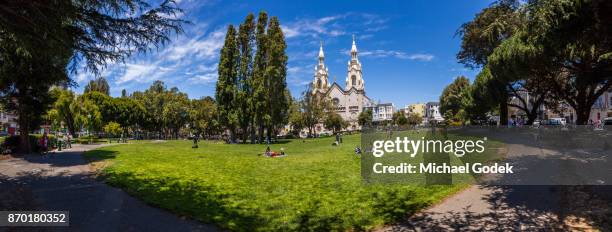 panorama of washington square park in downtown san fransisco with bright blue sky - saints peter and paul church san francisco stock pictures, royalty-free photos & images