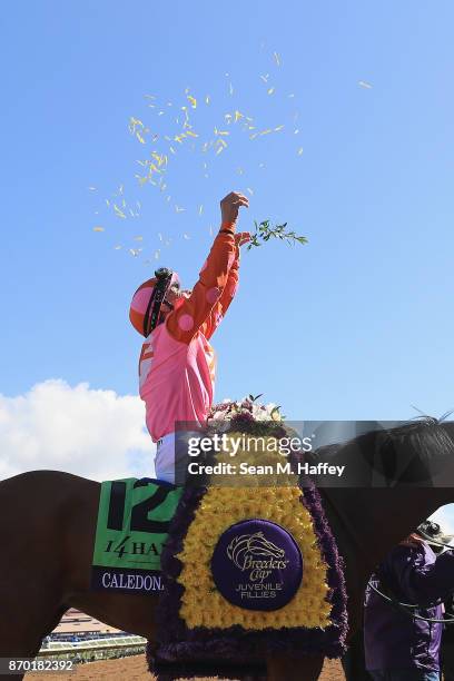 Jockey Mike Smith celebrates after riding Caledonia Road to a win in the 14 Hands Winery Breeders' Cup Juvenile Fillies race on day two of the 2017...