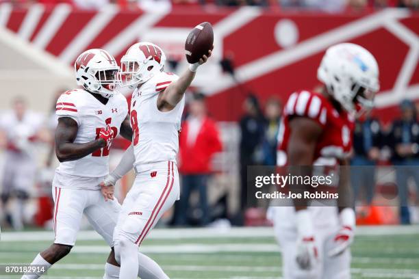 Joe Ferguson of the Wisconsin Badgers celebrates after an interception in the fourth quarter of a game against the Indiana Hoosiers at Memorial...