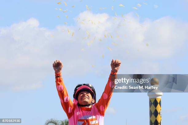 Jockey Mike Smith celebrates after riding Caledonia Road to a win in the 14 Hands Winery Breeders' Cup Juvenile Fillies race on day two of the 2017...