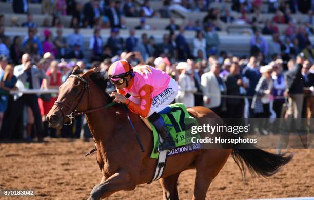 Caledonia Road with Mike Smith up wins the Breeders Cup Juvenile Fillies at Del Mar Race Track on November 4, 2017 in Del Mar, California