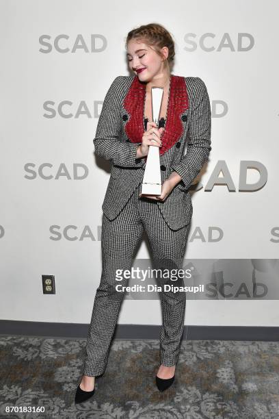 Actress Willow Shields poses backstage with the Rising Star award at Trustees Theater during the 20th Anniversary SCAD Savannah Film Festival on...