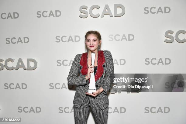 Actress Willow Shields poses backstage with the Rising Star award at Trustees Theater during the 20th Anniversary SCAD Savannah Film Festival on...