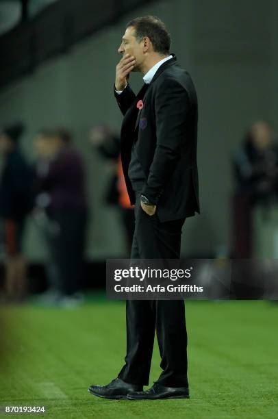 Slaven Bilic of West Ham United looks on during the Premier League match between West Ham United and Liverpool at London Stadium on November 4, 2017...