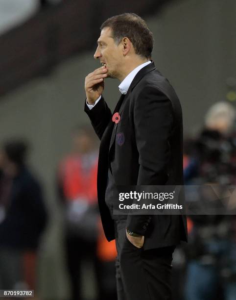 Slaven Bilic of West Ham United looks on during the Premier League match between West Ham United and Liverpool at London Stadium on November 4, 2017...
