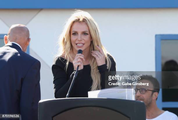 Singer Britney Spears speaks during the grand opening of the Nevada Childhood Cancer Foundation Britney Spears Campus on November 4, 2017 in Las...