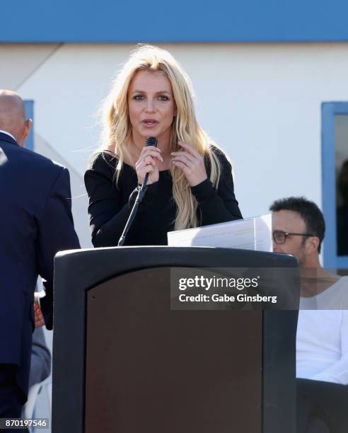 Singer Britney Spears speaks during the grand opening of the Nevada Childhood Cancer Foundation Britney Spears Campus on November 4, 2017 in Las...