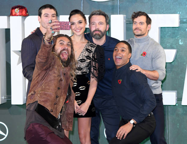Ezra Miller, Jason Momoa, Gal Gadot, Ben Affleck, Ray Fisher and Henry Cavill attend the 'Justice League' photocall at The College on November 4,...