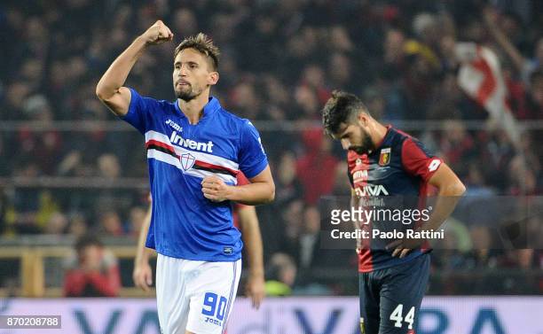 Gaston Ramirez of Sampdoria celebrates after scoring 0-1 during the Serie A match between Genoa CFC and UC Sampdoria at Stadio Luigi Ferraris on...