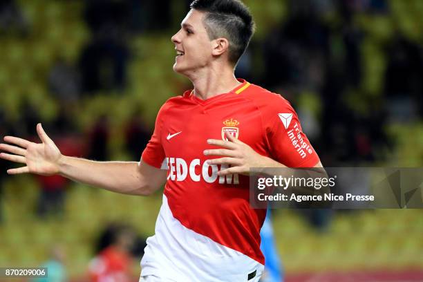 Guido Carrillo of Monaco celebrates his second goal during the Ligue 1 match between AS Monaco and EA Guingamp at Stade Louis II on November 4, 2017...