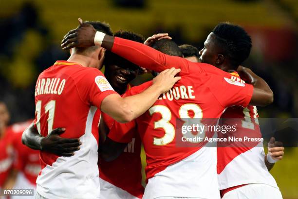 Joy of Adama Traore of Monaco and teammates during the Ligue 1 match between AS Monaco and EA Guingamp at Stade Louis II on November 4, 2017 in...