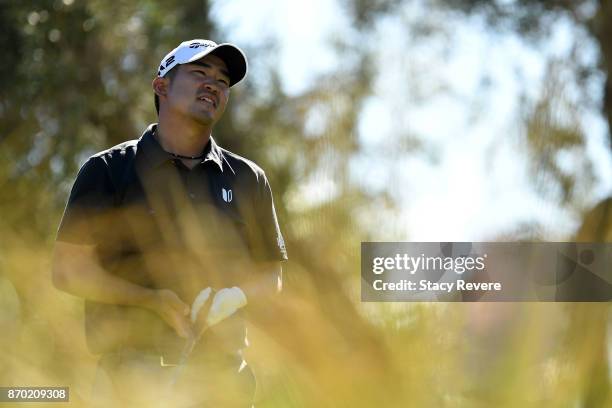 John Huh hits his tee shot on the ninth hole during the third round of the Shriners Hospitals For Children Open at the TPC Summerlin on November 4,...