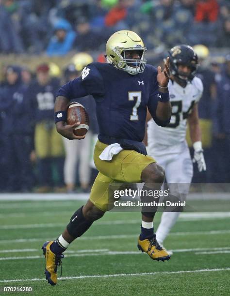 Brandon Wimbush of the Notre Dame Fighting Irish runs 50 yards for a touchdown against the Wake Forest Demon Deacons at Notre Dame Stadium on...