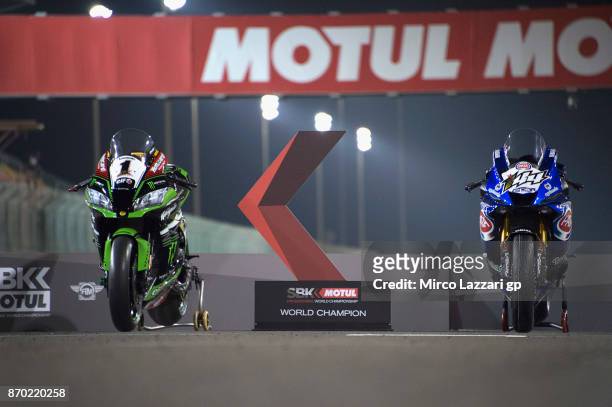 The bikes of Jonathan Rea of Great Britain and KAWASAKI RACING TEAM and Lucas Mahias of France and GRT Yamaha Official WorldSSP Team park for the...