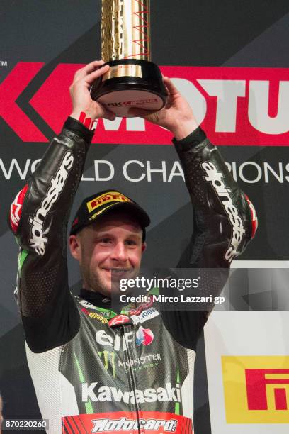 Jonathan Rea of Great Britain and KAWASAKI RACING TEAM celebrates the victory on the podium at the end of the Superbike race 2 during the FIM...