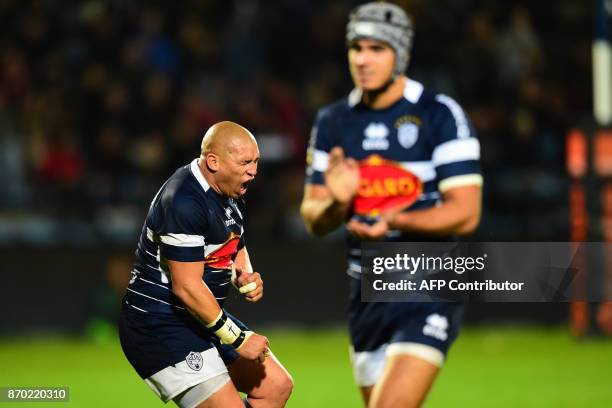 Agen's South African scrumhalf Enrico Januarie reacts during the French Top 14 rugby union match between Agen and Toulon on November 4, 2017 at the...