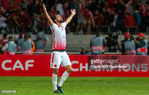 Wydad Casablanca's Salaheddine Saidi celebrates after his team scored a goal during the CAF Champions League final football match between Egypt's...