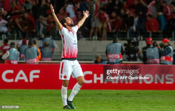 Wydad Casablanca's Salaheddine Saidi celebrates after his team scored a goal during the CAF Champions League final football match between Egypt's...