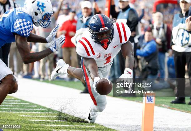Brown of the Mississippi Rebels reaches for a touchdown against the Kentucky Wildcats at Commonwealth Stadium on November 4, 2017 in Lexington,...