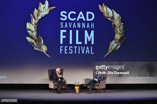 Actors Richard Gere and Dave Karger speak onstage at 'Norman' Q&A during the 20th Anniversary SCAD Savannah Film Festival on November 4, 2017 in...