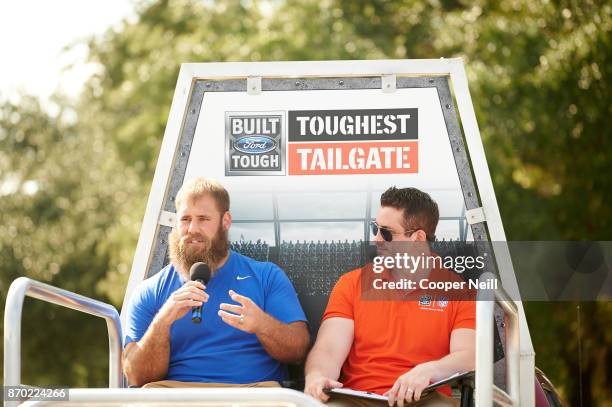 Travis Frederick speaks in an interview during the Built Ford Tough Toughest Tailgate stop for Dallas Cowboys fans on November 4, 2017 in Grapevine,...