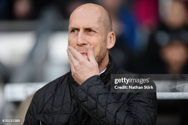 Jaap Stam manager of Reading looks on during the Sky Bet Championship match between Derby County and Reading at iPro Stadium on November 4, 2017 in...