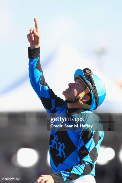 Kent Desormeaux celebrates after riding Roy H to a win in the Twinspires Breeders' Cup Sprint on day two of the 2017 Breeders' Cup World Championship...