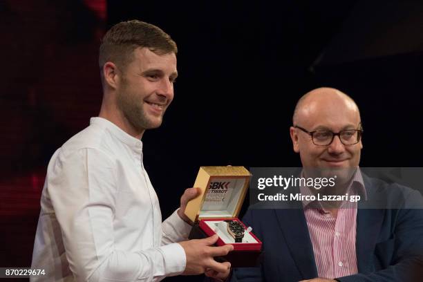 Jonathan Rea of Great Britain and KAWASAKI RACING TEAM poses during the MOTUL FIM World Superbike Championship Prize Giving Ceremony during the FIM...