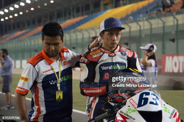 Zulfahmi Khairuddin of Malaysia and Orelac Racing VerdNatura prepares to start on the grid during the Supersport race during the FIM Superbike World...