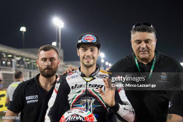 Lorenzo Zanetti of Italy and Team Factory Vamag smiles on the grid during the Supersport race during the FIM Superbike World Championship in Qatar -...