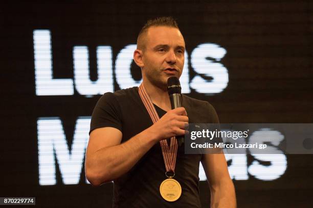 Lucas Mahias of France and GRT Yamaha Official WorldSSP Team speaks during the MOTUL FIM World Superbike Championship Prize Giving Ceremony during...