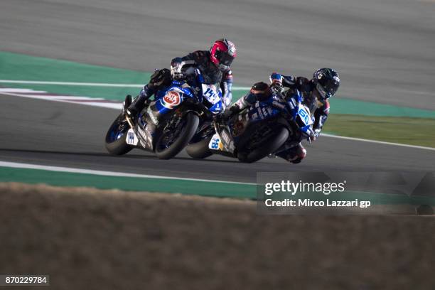 Niki Tuuli of Finland and Kallio Racing leads Lucas Mahias of France and GRT Yamaha Official WorldSSP Team during the Supersport race during the FIM...