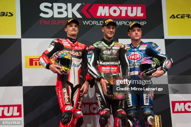 Chaz Davies of Great Britain and ARUBA.IT RACING-DUCATI, Jonathan Rea of Great Britain and KAWASAKI RACING TEAM and Alex Lowes of Great Britain and...