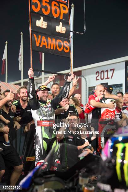 Jonathan Rea of Great Britain and KAWASAKI RACING TEAM celebrates with the team and the family the victory on Superbike championship at the end of...