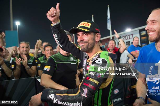 Kenan Sofuoglu of Turkey and Kawasaki Puccetti Racing celebrates the third place during the Supersport race during the FIM Superbike World...