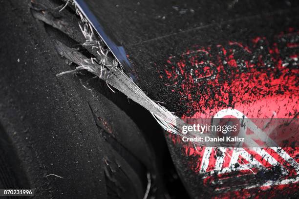 The tyre of Shane Van Gisbergen driver of the Red Bull Holden Racing Team Holden Commodore VF after race 23 for the Auckland SuperSprint, which is...