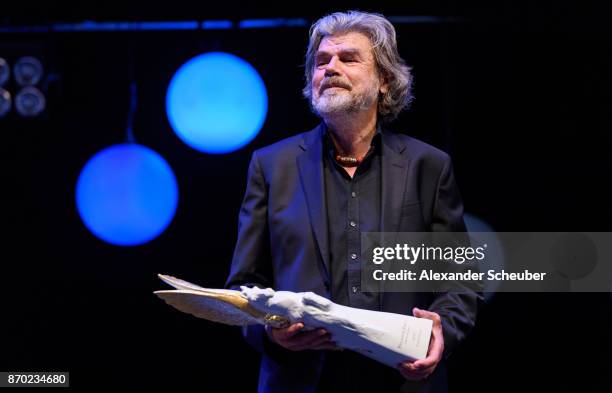 Reinhold Messner poses with the Legend of Sport Award during the German Sports Media Ball at Alte Oper on November 4, 2017 in Frankfurt am Main,...