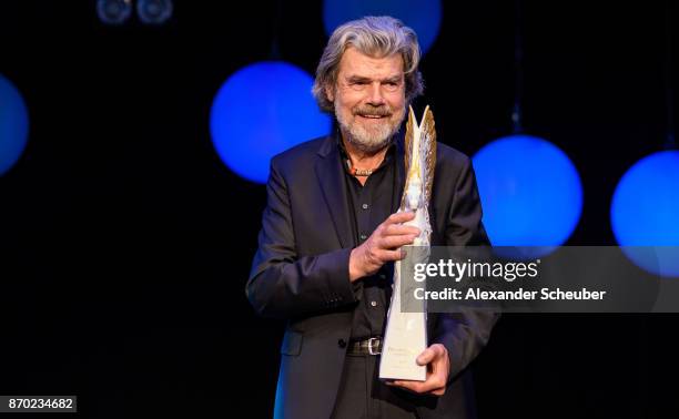 Reinhold Messner poses with the Legend of Sport Award during the German Sports Media Ball at Alte Oper on November 4, 2017 in Frankfurt am Main,...