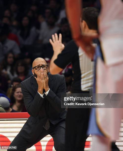 Coach David Fizdale reacts to a call by the referee during the second half of the basketball game against LA Clippers at Staples Center November 4 in...