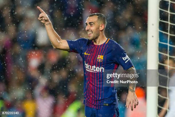 Paco Alcacer from Spain of FC Barcelona celebrating his goal during the La Liga match between FC Barcelona v Sevilla at Camp Nou Stadium on November...