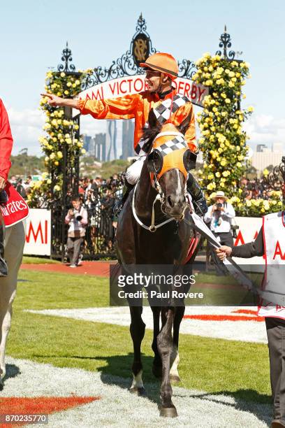 Jockey Tye Angland returns to scale after winning race 7 on Ace High in the AAMI Victoria Derby on Derby Day at Flemington Racecourse on November 4,...
