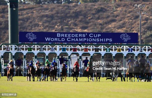 General view of the field at the start of the Breeders' Cup Mile on day two of the 2017 Breeders' Cup World Championship at Del Mar Race Track on...