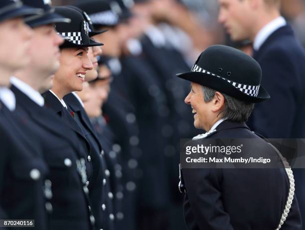 Commissioner of the Metropolitan Police Cressida Dick talks with graduating officers during the Metropolitan Police Service Passing Out Parade for...