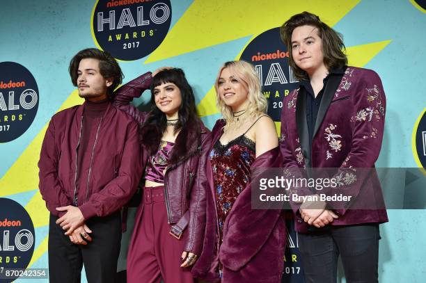 Rena Lovelis, Nia Lovelis, Casey Moreta and Iain Shipp of Hey Violet attend the 2017 Nickelodeon Halo Awards at Pier 36 on November 4, 2017 in New...