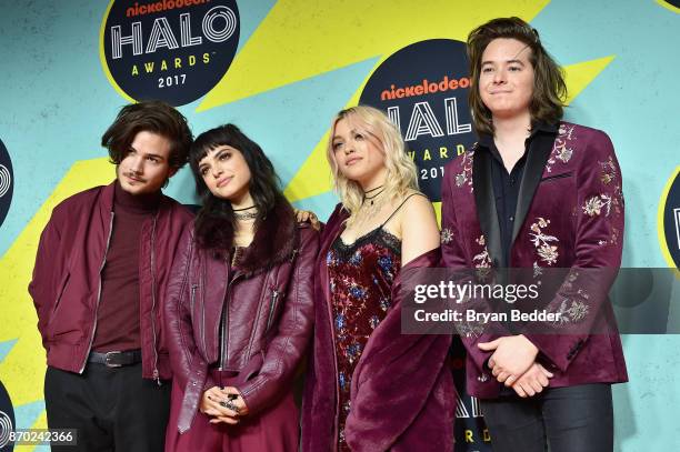 Rena Lovelis, Nia Lovelis, Casey Moreta and Iain Shipp of Hey Violet attend the 2017 Nickelodeon Halo Awards at Pier 36 on November 4, 2017 in New...