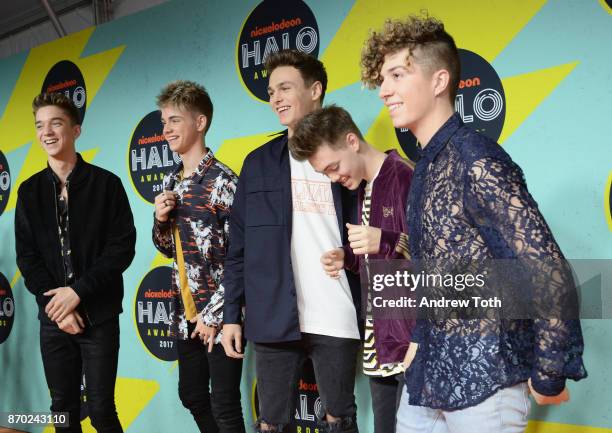 Daniel Seavey, Corbyn Besson, Jonah Marais, Zach Herron, Jack Avery of Why Don't We attend the 2017 Nickelodeon HALO Awards at Pier 36 on November 4,...