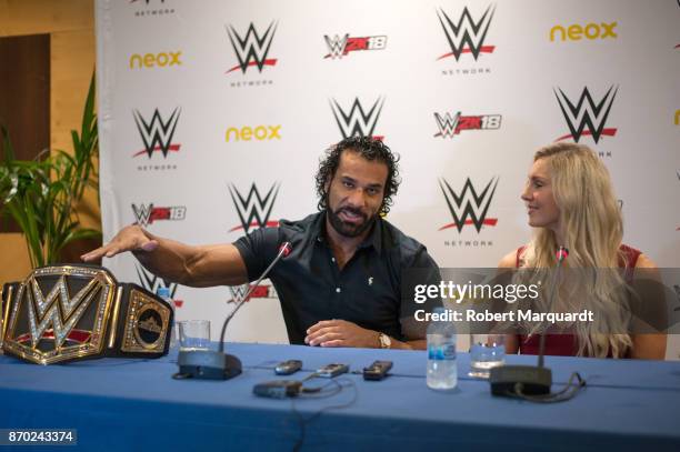 Jinder Mahal and Charlotte Flair attend a press conference for 'WWE' at the Hotel Four Points on November 4, 2017 in Barcelona, Spain.